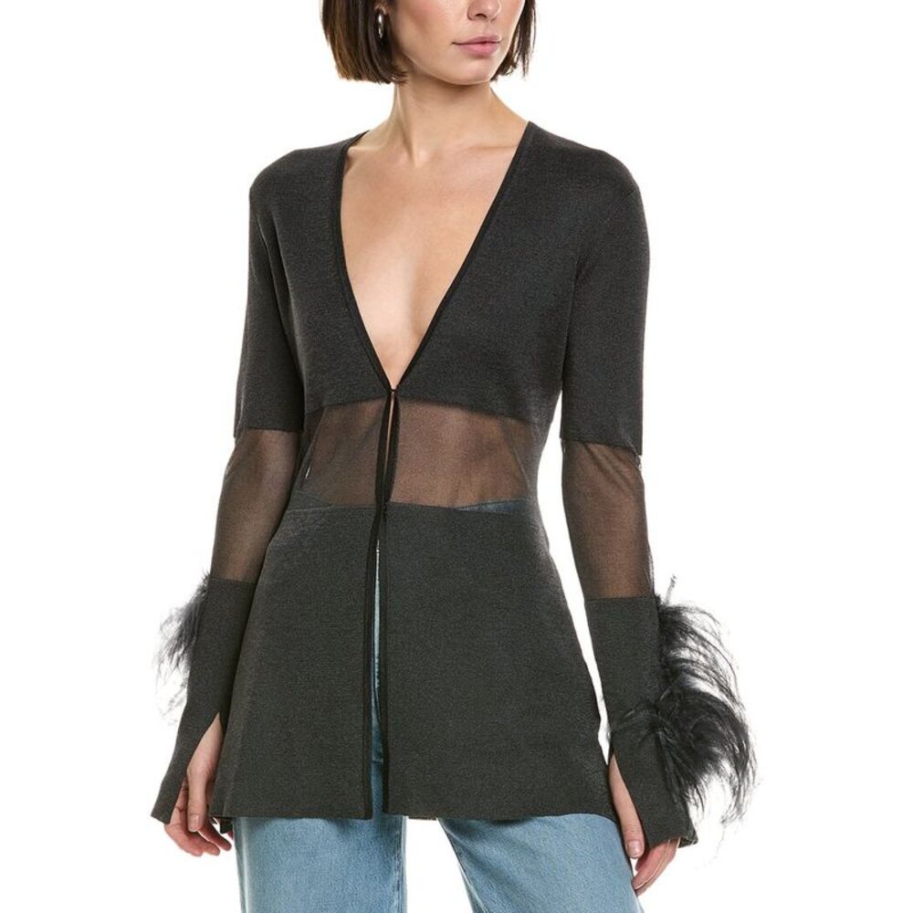 Lapointe Womens Sheer Intarsia Ostrich-Trim Top, Grey